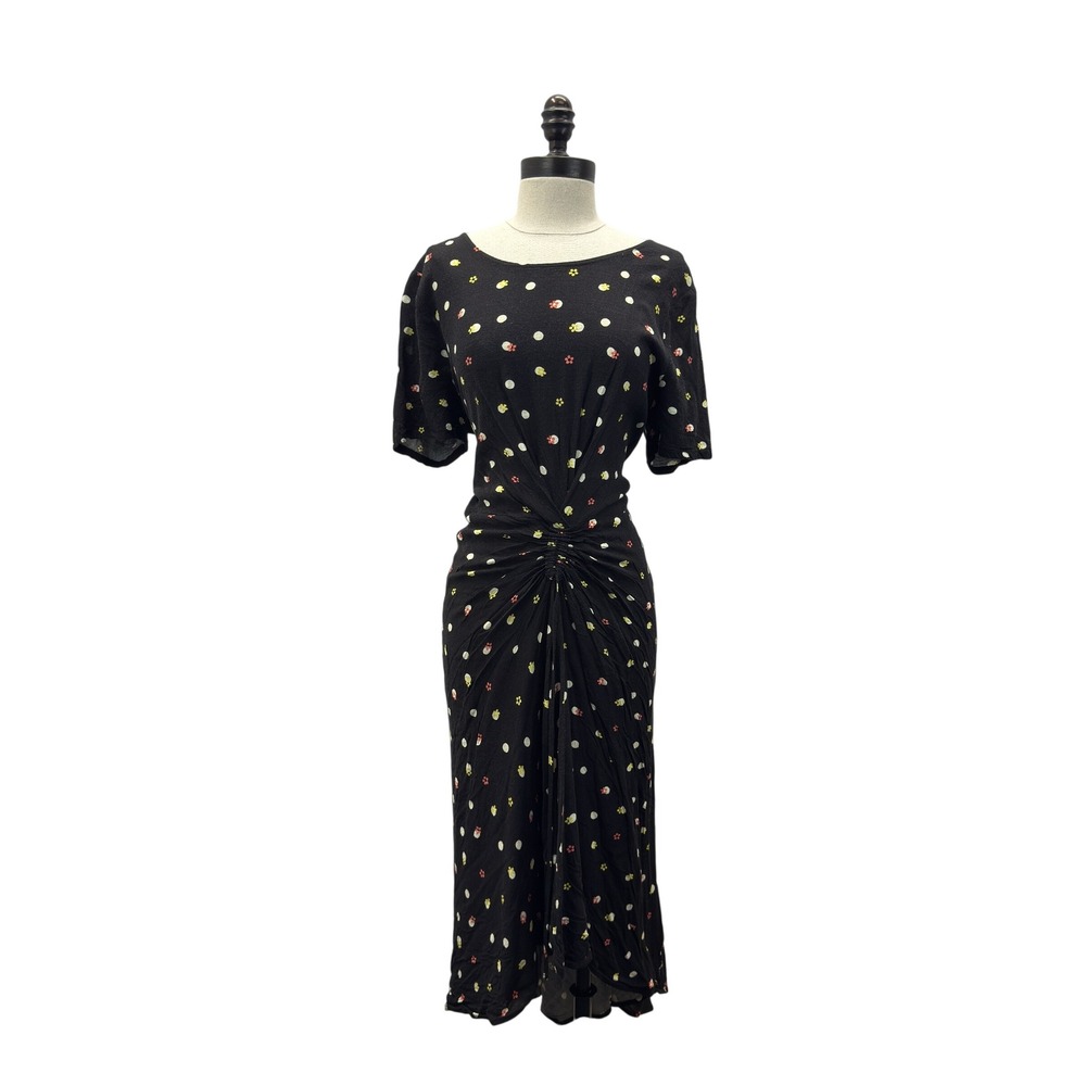 Lovefool Black Midi Dress Women L with Daisy & Polka Dot Print, Twist‎ Front